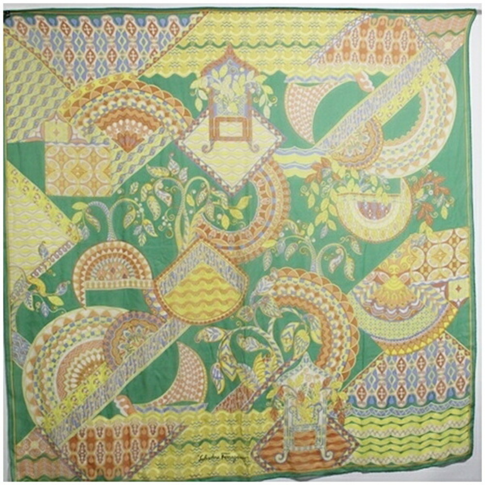 Salvatore Ferragamo Silk Large Scarf/Muffler, Green x Multicolor, Ferragamo, ...